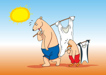 a polar bear and a penguin walking into a desert environment