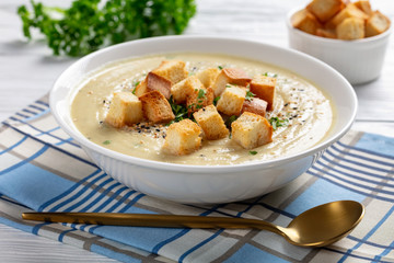 Asiago Roasted Garlic Cauliflower Soup in a bowl