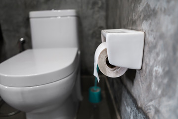 White hanging toilet seat on white toilet in the home bathroom with grey tiles in concrete style and toilet paper on the wall. Bathroom luxury interior.