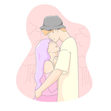 Valentine illustration, Young couple hugging each other and the men kisses women forehead. 