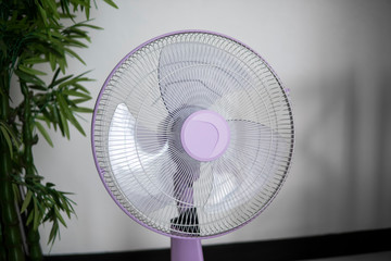 Modern violet electric fan in a living room saving peoples from hot temperature in summer days.