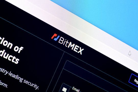 Homepage of bitmex website on the display of PC, url - bitmex.com.