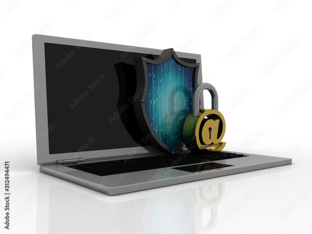 Poster 3d rendering e-mail symbol with lock in laptop. internet security concept