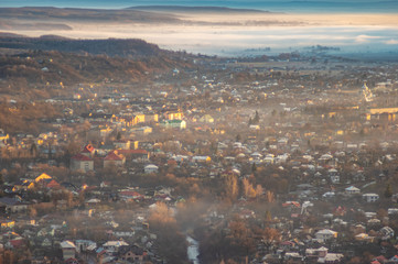 Morning city in the fog