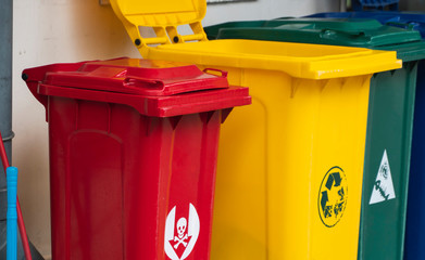Garbage Trash Bins for collecting a recycle materials. Garbage trash bins for waste segregation. Separate waste collection food waste, plastic, paper and danger waste. Recycling. Environment.