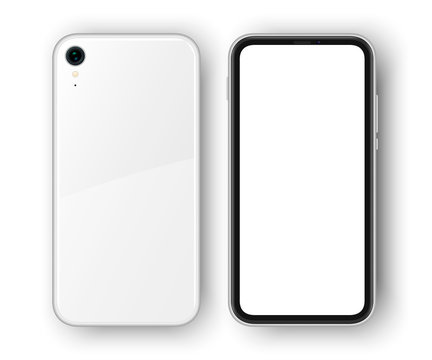 High detailed realistic smartphone mockup. Cell phone isolated. Back and front sides of realistic frameless phone with shadow on the background.