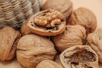 Healthy organic walnuts in a straw basket