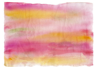 Pink-yellow blurry watercolor stain on a textured surface. Beautiful abstract pattern with torn edges isolated on white background