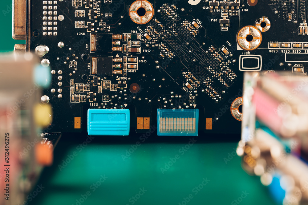 Poster computer electronic circuit board with processor close up