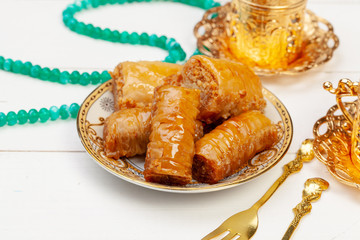 Close up photo of Delicious Turkish Baklava served on a plate