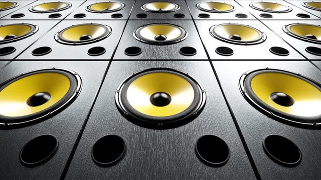Static view of multiple audio speakers with yellow membranes vibrating at 90 bpm frequency while playing seamlessly looped modern dance or rock music. Close-up seamless loop. Music party idea concept.