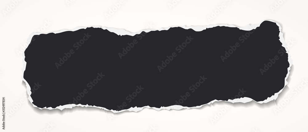 Poster piece of torn horizontal black paper with soft shadow is on white background for text. vector illust