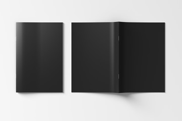 Black brochure or booklet cover mock up on white. Closed one brochure and upside down other. Clipping path around brochure. View above. 3d illustratuion