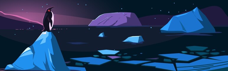 Arctic night. Northen landscape with icebergs and penguin. Vector illustration