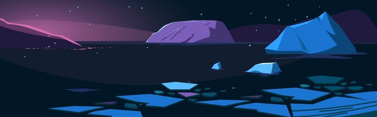 Arctic night. Northen landscape with icebergs and penguin. Vector illustration