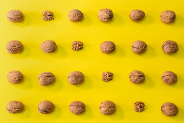 Walnuts in rows, minimalist pattern of walnuts on bright bold yellow background, autumn food concept