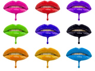 Collage of multicolored lip glosses dripping from woman's lips over white background
