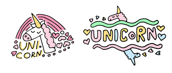 Childish Vector illustration with hand drawn unicorn with lettering.