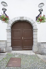 Fototapeta na wymiar Closed wooden door of house; Zagreb; Croatia