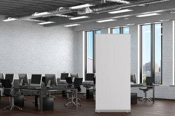 Blank roll up banner stand in white brick office interior. 3d illustration