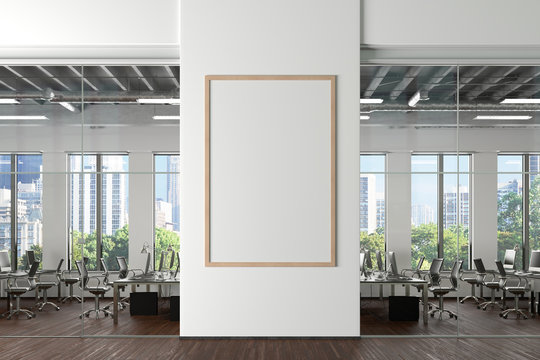 Blank vertical poster mock up on the white wall in office interior. 3d illustration