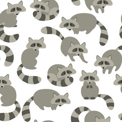 Cute grey flat raccoons in various poses. Flat vector illustration, animal seamless pattern.