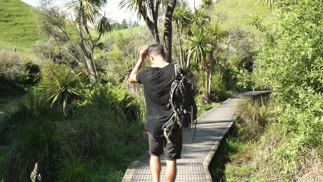SLOWMO - Caucasian male tourist from behind walks along Putaruru Blue Sprinng river surrounded by native lush New Zealand forrest