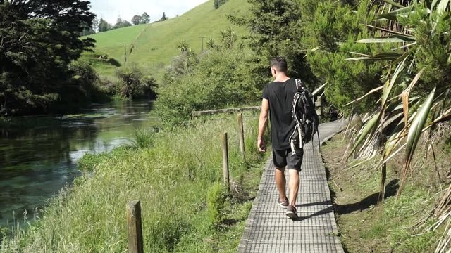 Young caucasian man from behind walks along Putaruru Blue Sprinng river surrounded by native lush New Zealand forrest