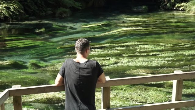 SLOWMO - Young caucasian male from behind looking at Putaruru Blue Spring in New Zealand