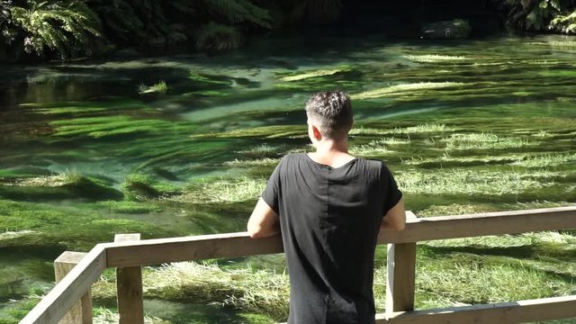 Caucasian man standing by Putaruru Blue Spring, New Zealand