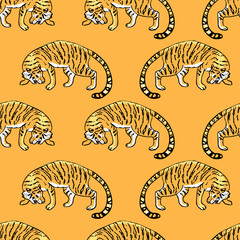 Roaring tigers, seamless pattern on orange background. Vector illustration.