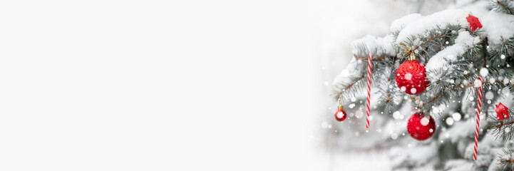 Merry Christmas and Happy Holidays greeting card or banner, decorated red toy ball Christmas tree. New Year.