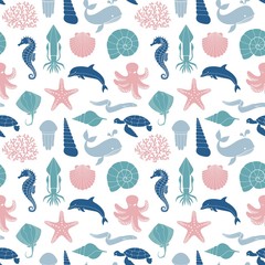 Seamless background on the theme of the sea and marine life