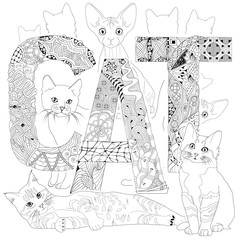 Word CAT for coloring. Vector decorative zentangle objects
