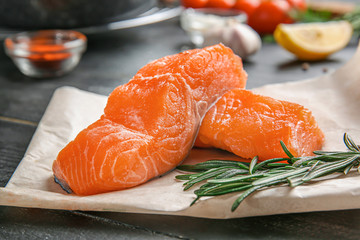 Fresh raw salmon on table