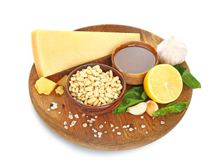 Ingredients for pesto sauce on white background