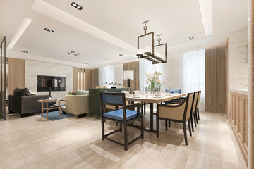 3d rendering modern dining room and living room near kitchen with luxury decor