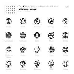 Earth Globe outline vector icons. World, Planet, Asia, Europe