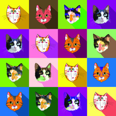 Print with cat faces on colored squares. Cats for printing on fabric.