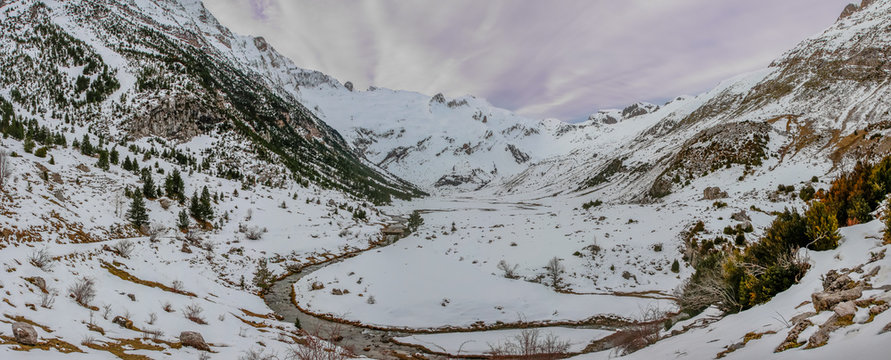 Panoramic of the Otal Valley (Huesca) snowy. Winter Nature Concept