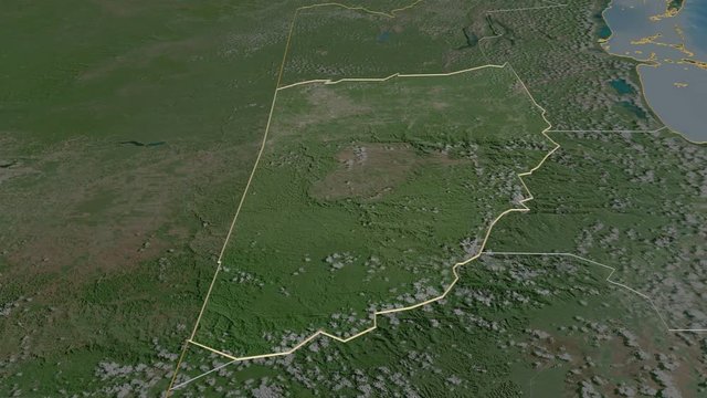 Cayo, district with its capital, zoomed and extruded on the satellite map of Belize in the conformal Stereographic projection. Animation 3D