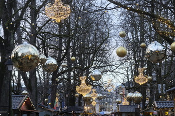 decoration and light garland on the trees of the bastions park in Geneva, Switzerland