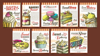 Bakery Pastry Shop Advertising Banners Set Vector. Collection Of Different Shop Posters With Chocolate And Fruit Cakes, Macaroons And Donuts, Berries Pie Dessert. Designed Template Illustrations