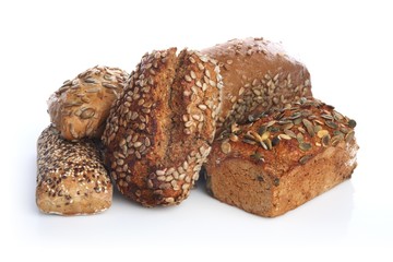 Mix of breads on white background