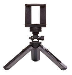 Small black tripod for smartphone isolated on white background. Close up.