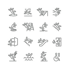 Stick figure man related icons: thin vector icon set, black and white kit