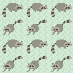 Cute grey raccoons on green leaves background. Flat vector illustration, animal seamless pattern.