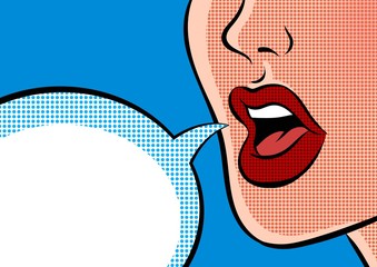 Close up of open female mouth and empty speech bubble. Pop art vector comic illustration.