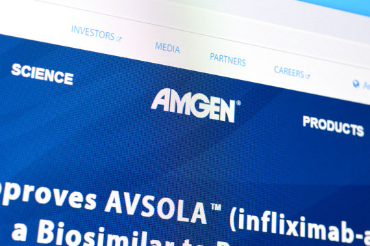 Homepage of amgen website on the display of PC, url - amgen.com.