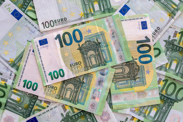 Euro banknotes close up. Several hundred euro banknotes, selective focus